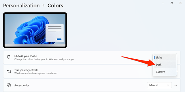 Выберите «Тёмный» в Параметрах Windows 11.
