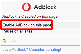 Меню расширения AdBlock с опцией включения блокировки на этой странице
