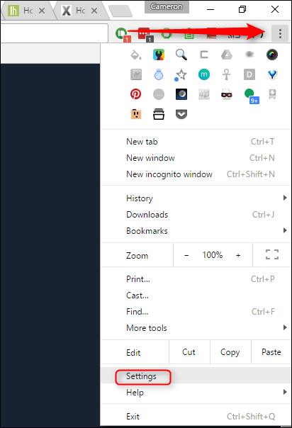 Меню Chrome — Настройки