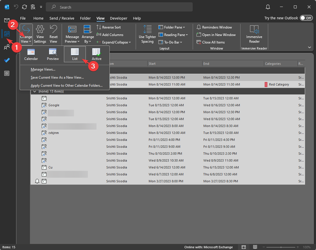 Иконка Календаря в Outlook — переключение в вид списка