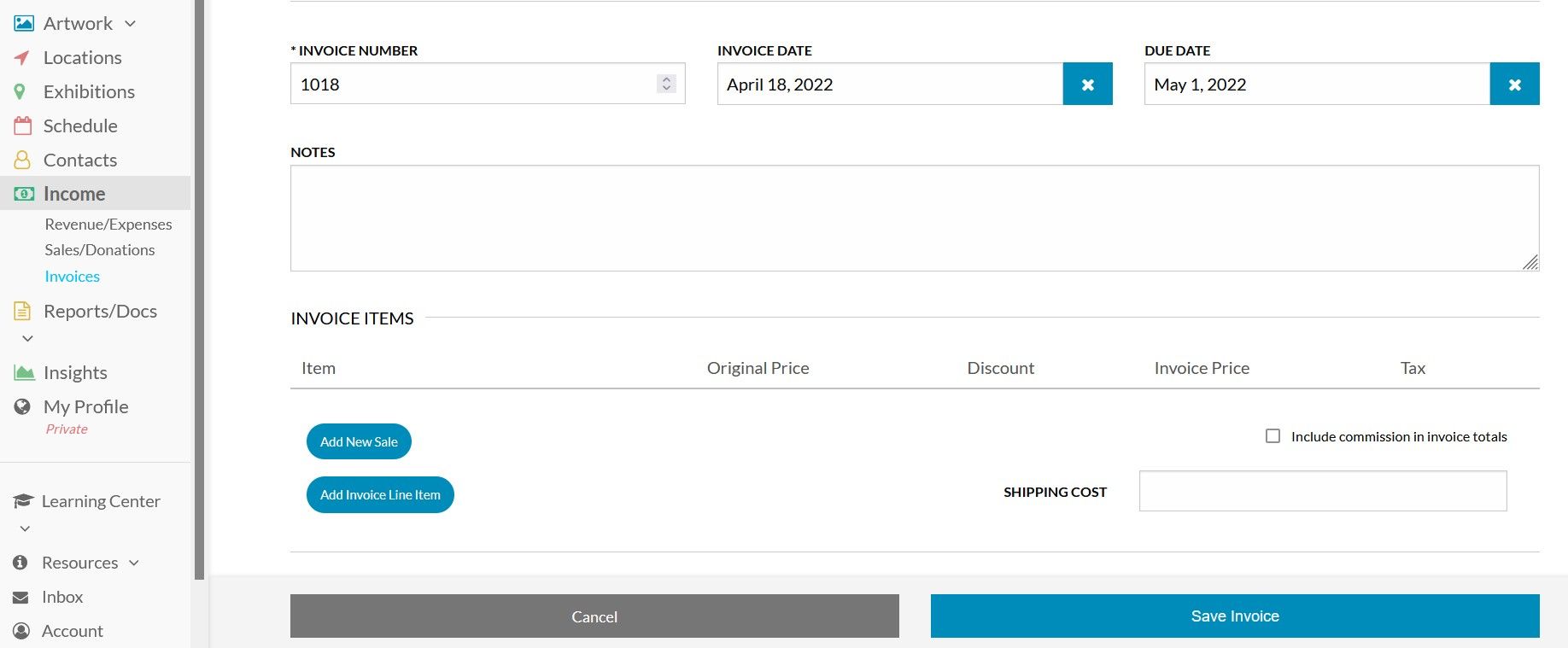 Создание счёта в Artwork Archive: интерфейс выставления инвойса