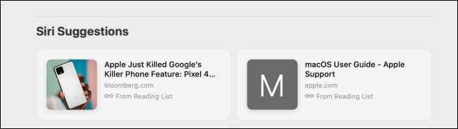 Раздел предложений Siri на стартовой странице Safari на Mac