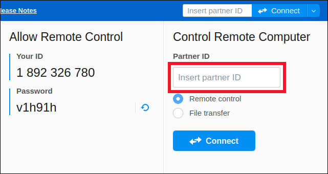 Окно TeamViewer с полем Partner ID