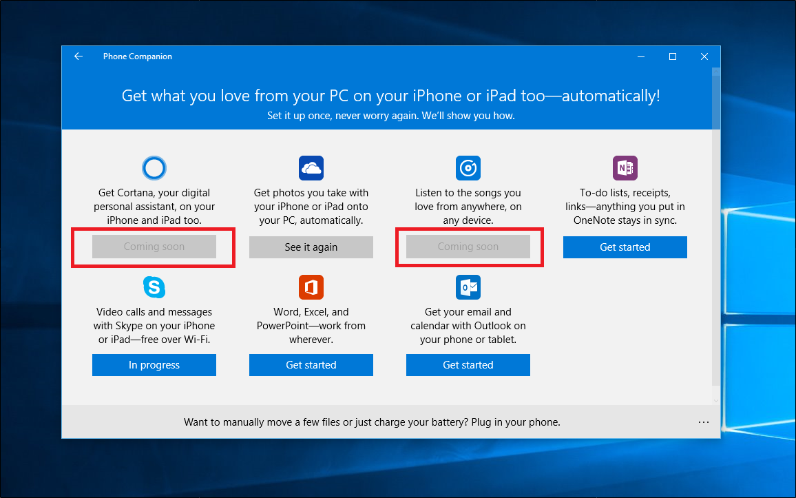 Exemple d'options d'applications disponibles via Phone Companion