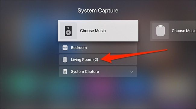 Экран выбора аудио-выхода на Apple TV со выделенным HomePod