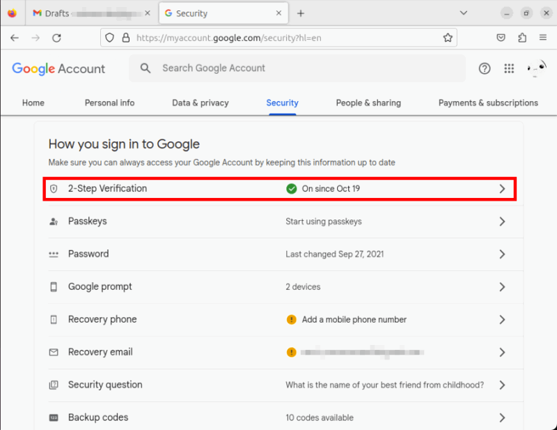 Выделена кнопка 2-Step Verification в разделе безопасности.