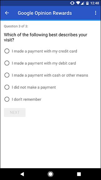Пример экрана с вариантами ответов на вопрос о посещении магазина