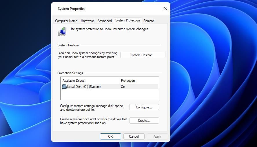 Вкладка «System Protection» в окне Свойства системы