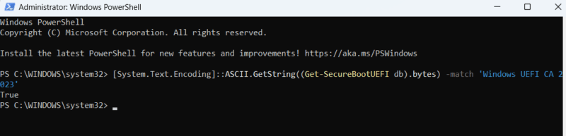 Результат выполнения команды проверки наличия «Windows UEFI CA 2023» в списке сертификатов Secure Boot