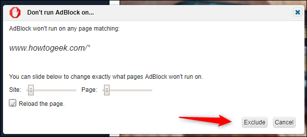 Подтверждение исключения домена из блокировки в AdBlock