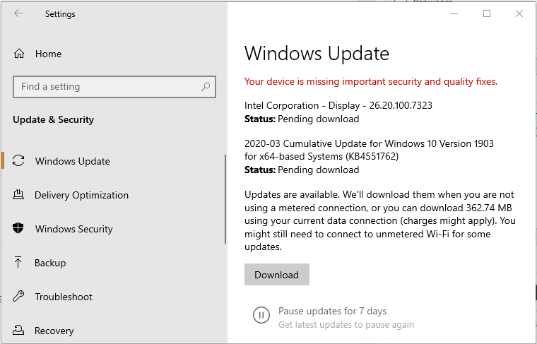 Окно обновления Windows с списком обновлений