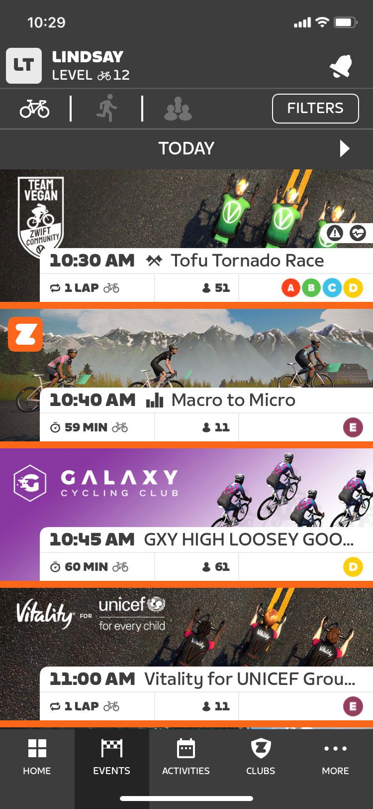 Zwift Companion app Events screen