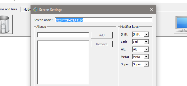 Диалог переименования экрана/устройства в редакторе Synergy с полем для имени
