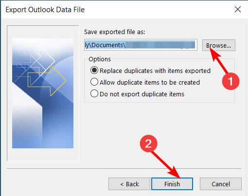Выбор расположения файла PST через Browse и кнопка Finish