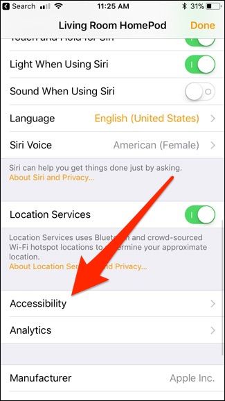 Раздел «Универсальный доступ» в настройках HomePod