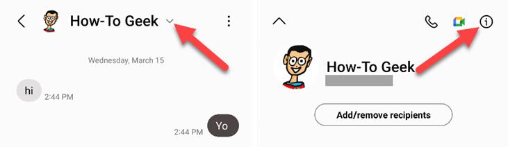 Разговор в Samsung Messages с раскрывающейся панелью и иконкой информации