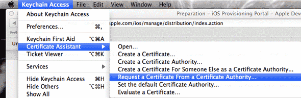 создание запроса сертификата в Keychain Access
