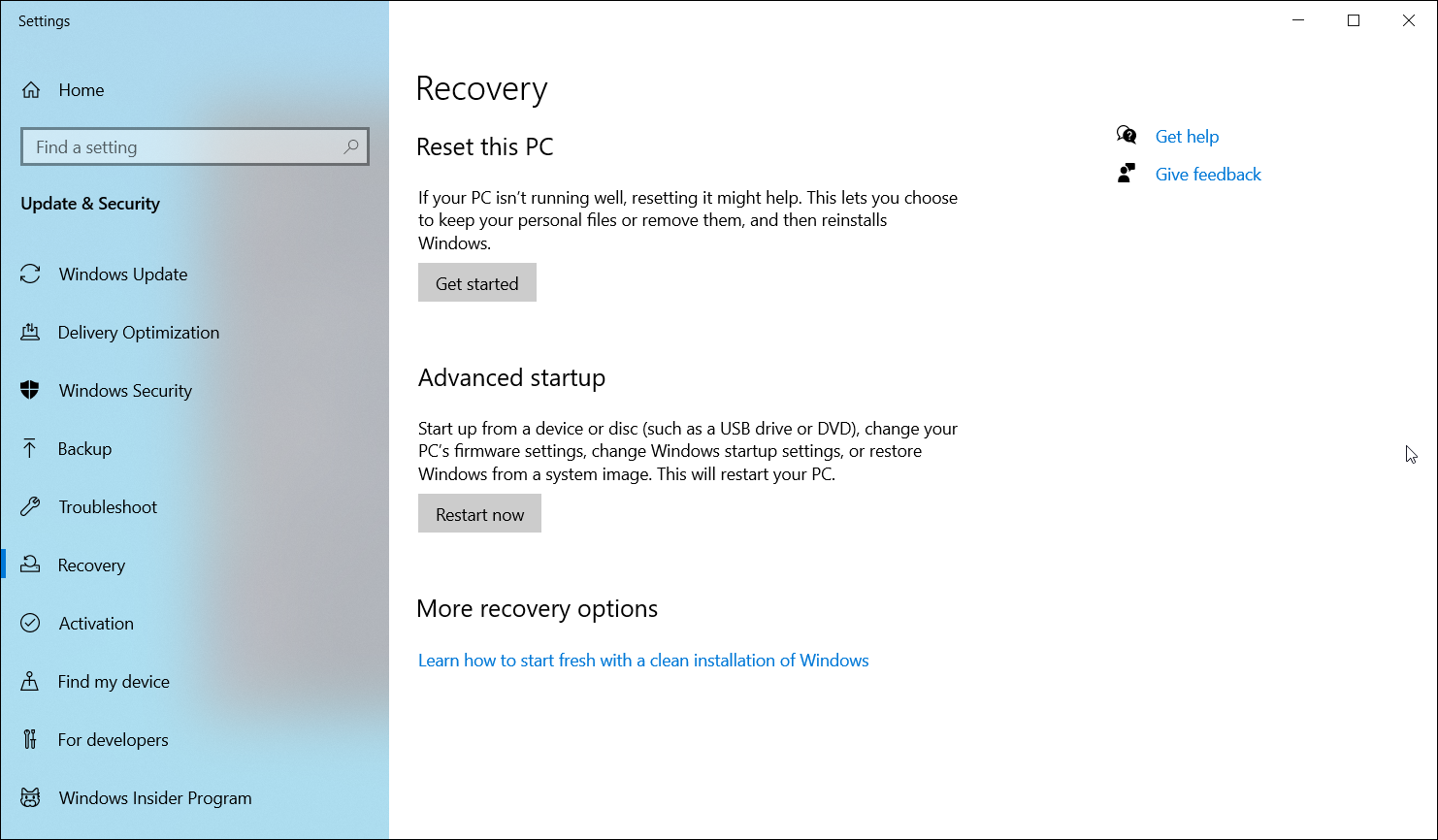 Экран сброса Windows 10