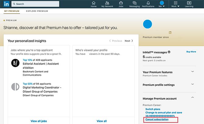 My LinkedIn Premium Account Controls