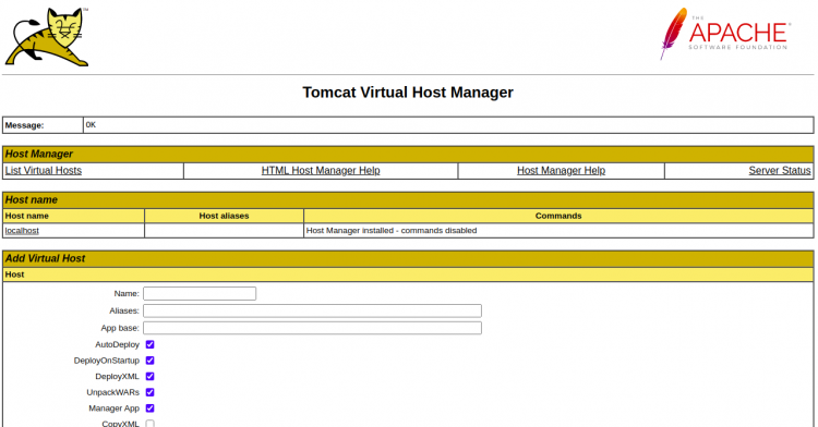 Панель управления виртуальными хостами Tomcat