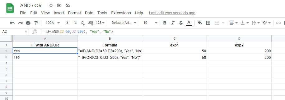 Пример вложенных функций IF с AND/OR в рабочей таблице
