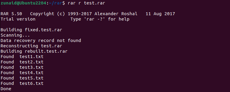 Терминал Linux, показывающий процесс восстановления RAR архива