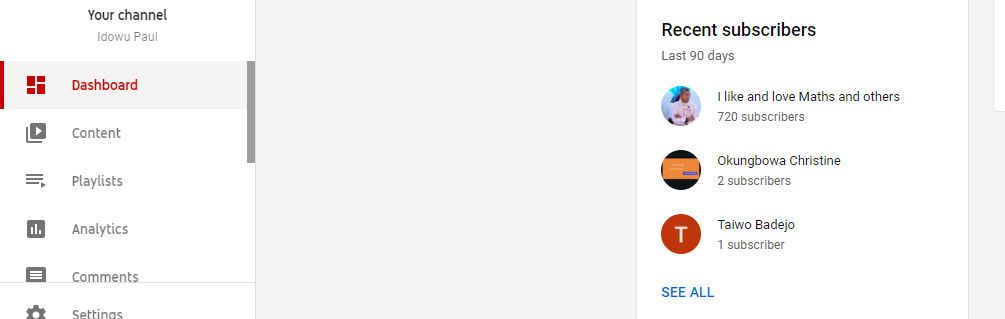 YouTube Studio с списком недавних подписчиков
