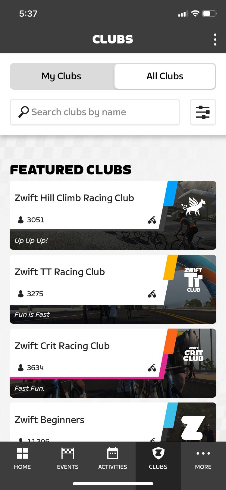 Zwift Companion app featured club screen