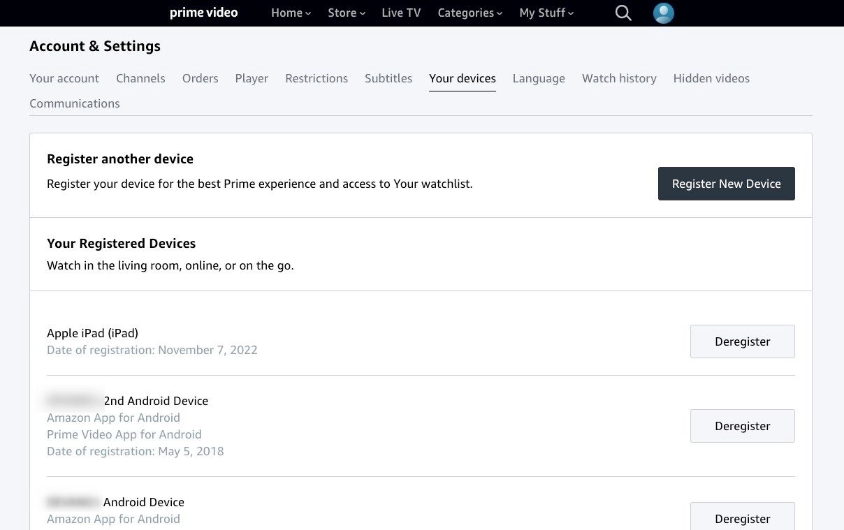 Список устройств в Prime Video