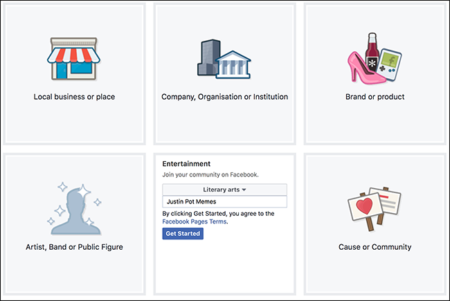Форма создания страницы Facebook с полями для названия и категории