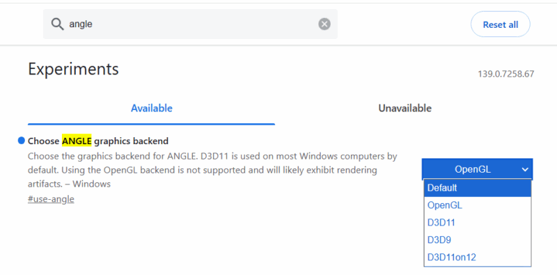 Opções da flag Choose ANGLE graphics backend no Chrome
