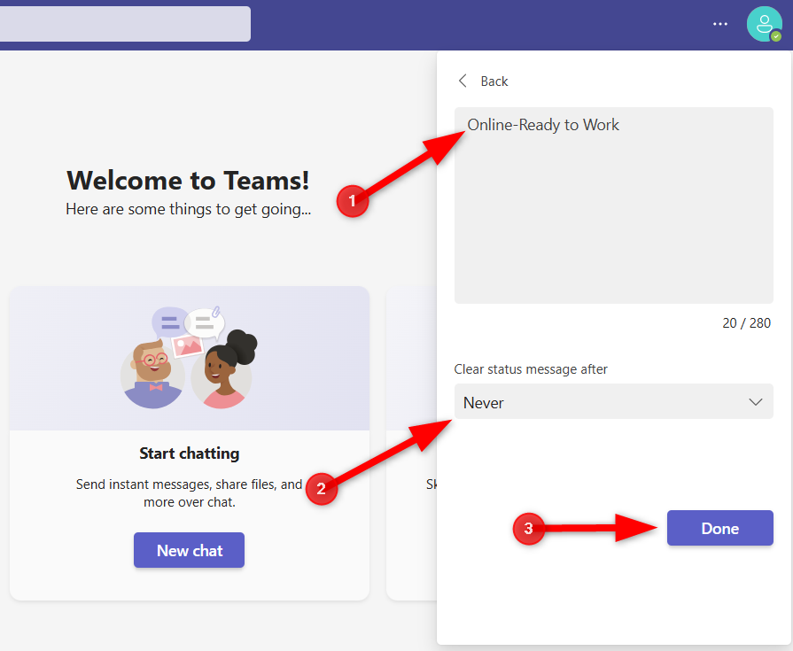 Установка произвольного статуса и его длительности в Microsoft Teams.