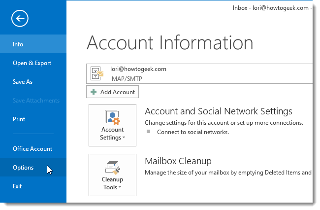 Пункт меню «Параметры» в Outlook