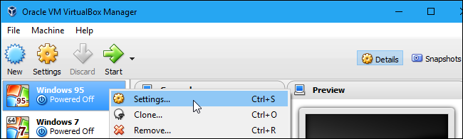 Меню настроек VirtualBox для виртуальной машины Windows 95