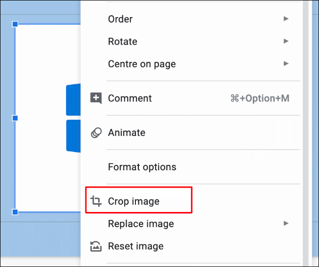 Переключение в режим обрезки изображения в Google Slides