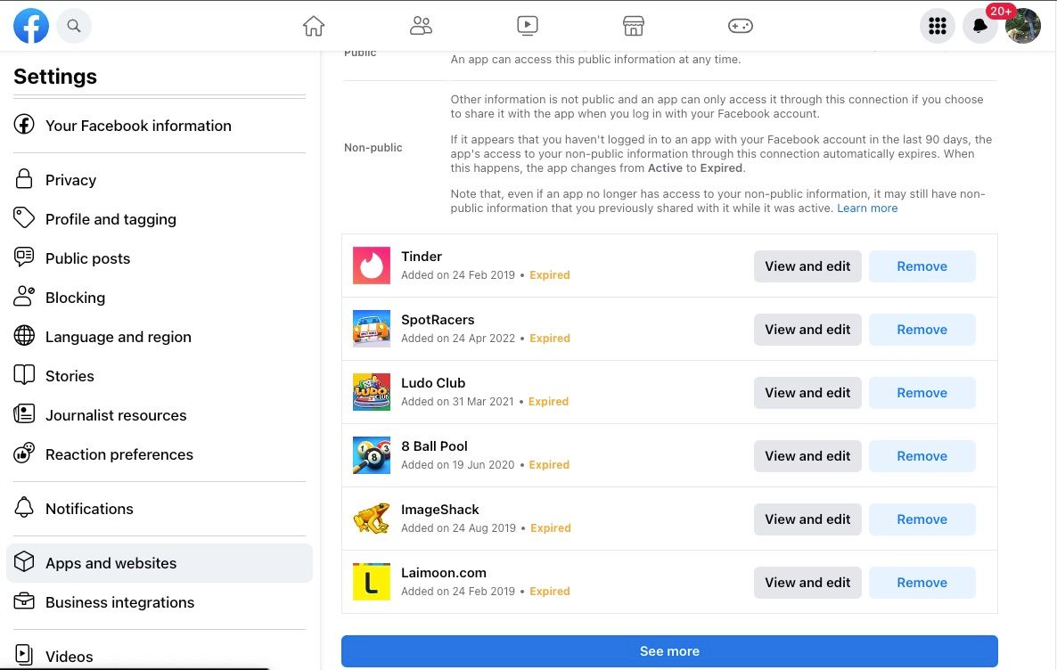 Раздел «Приложения и сайты» в настройках Facebook