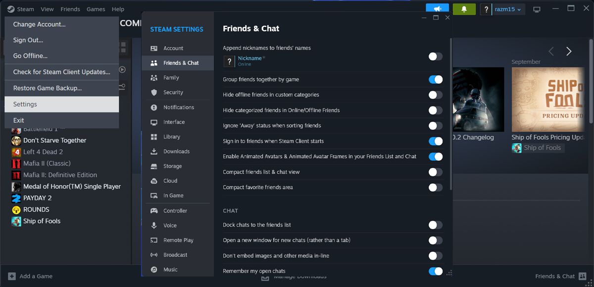 Настройки друзей и чата в Steam