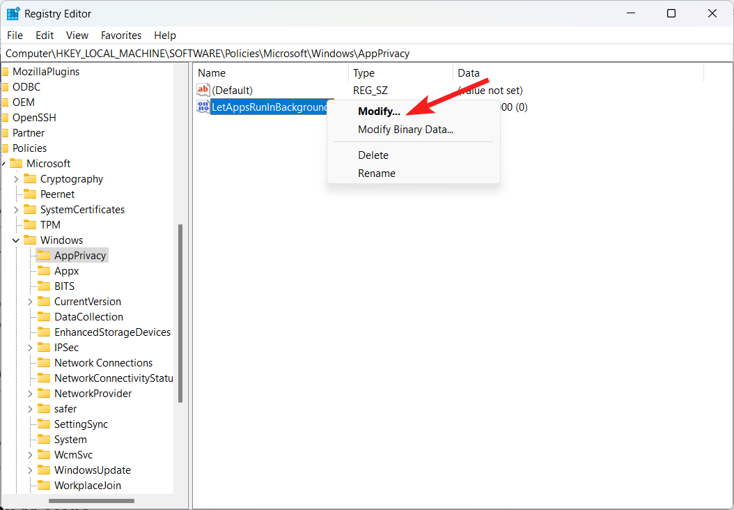 Изменение параметра LetAppsRunInBackground в редакторе реестра