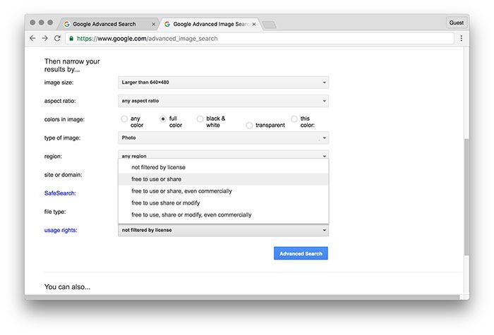 Параметр прав использования изображений, показан список опций для фильтрации