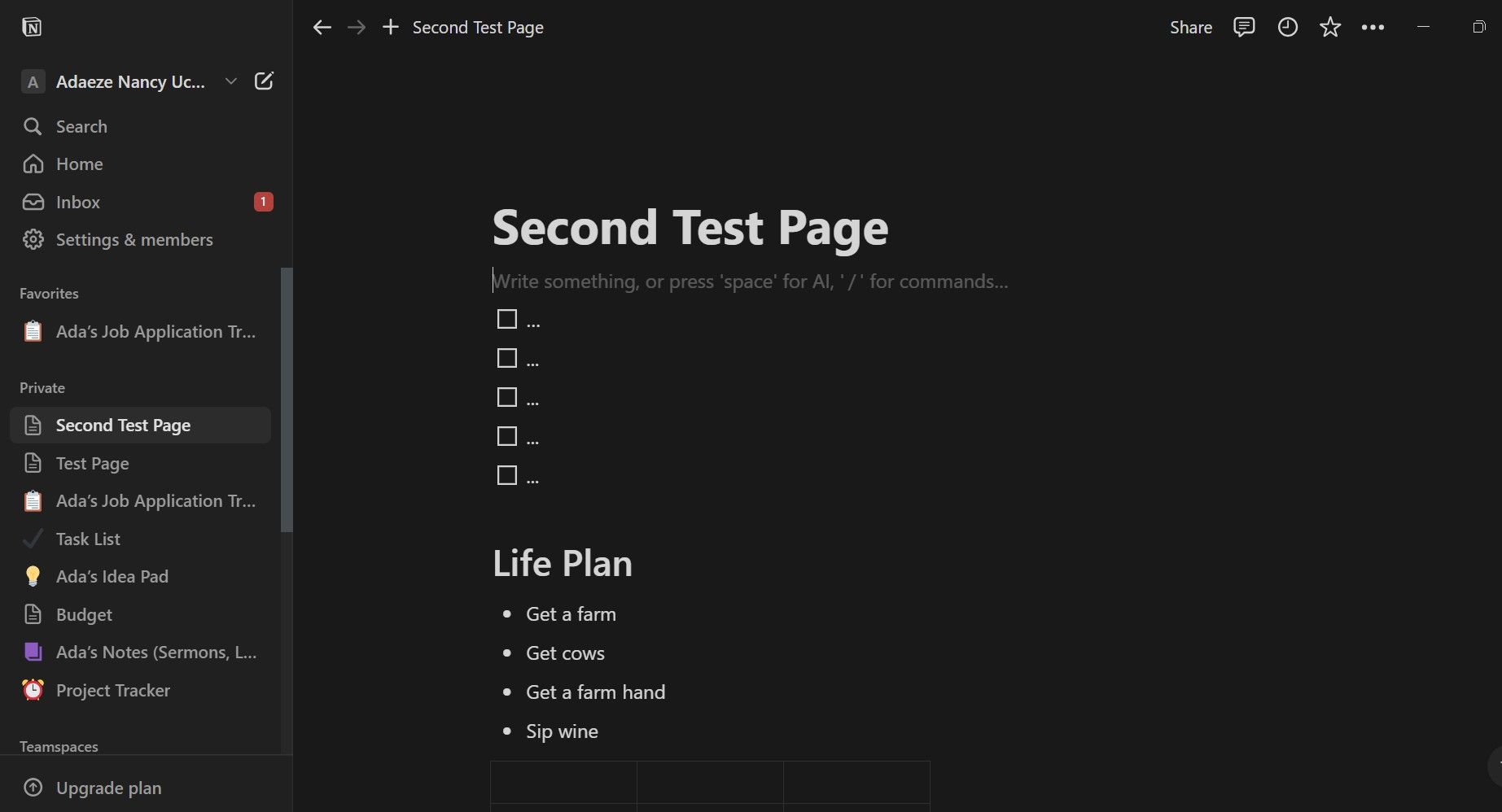 Скриншот страницы с заголовком Second Test Page в Notion на настольном компьютере.