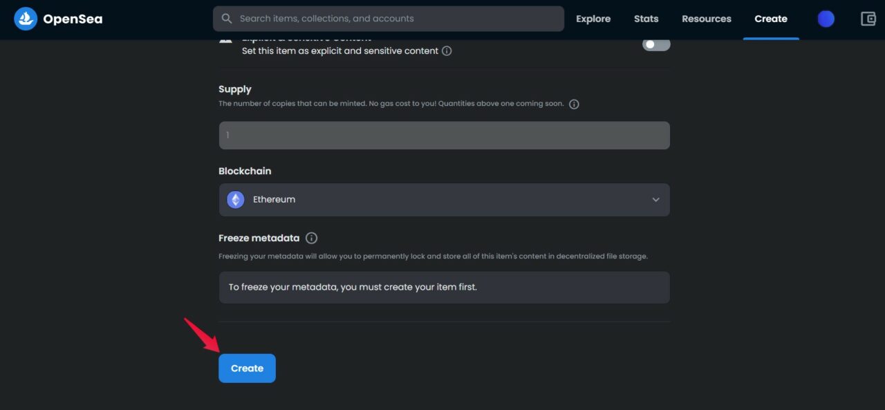 Кнопка создания NFT на OpenSea
