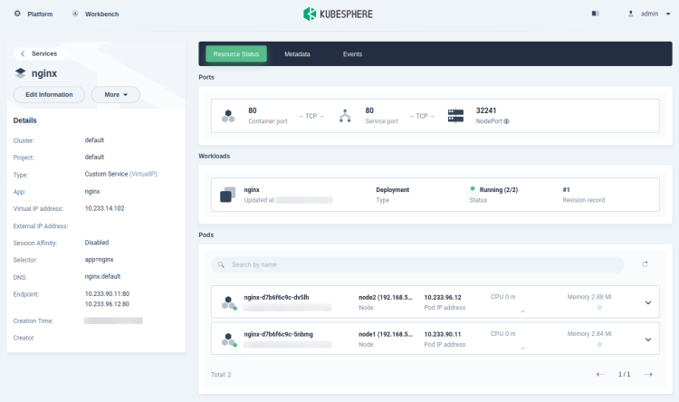 Детали сервиса nginx