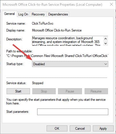 Sélection du type de démarrage Désactivé dans les propriétés du service