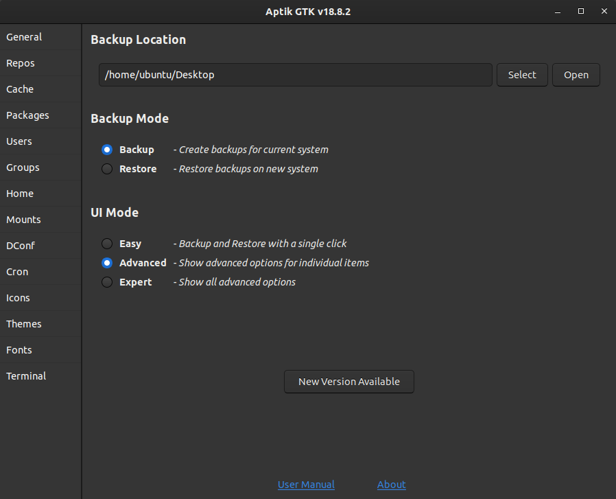Режим Advanced в Aptik GTK