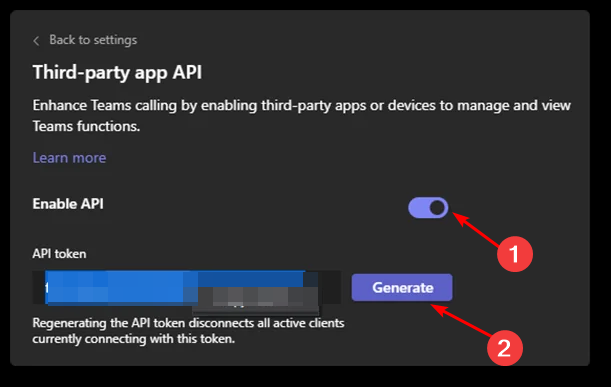 Кнопка генерации API-ключа в настройках Teams