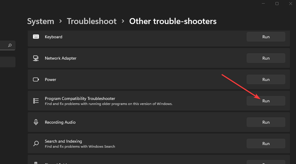 Кнопка запуска средства устранения неполадок совместимости