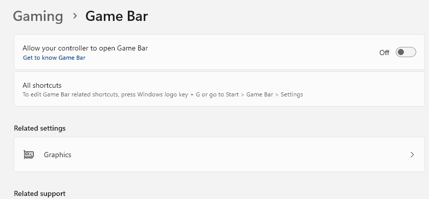 Окно настроек Xbox Game Bar с включённым переключателем «Открывать Xbox Game Bar»