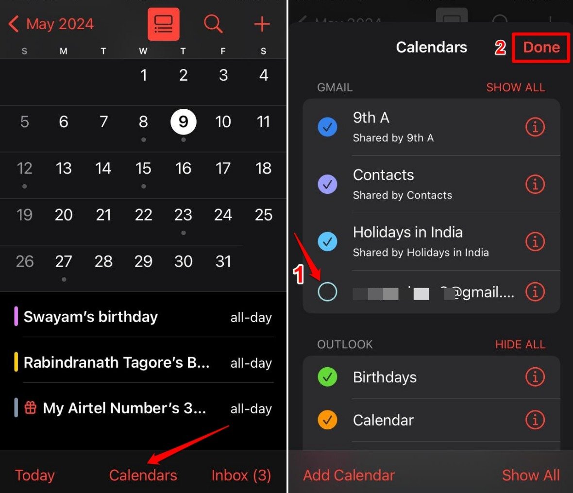 Снятие отметки с аккаунта календаря в iOS