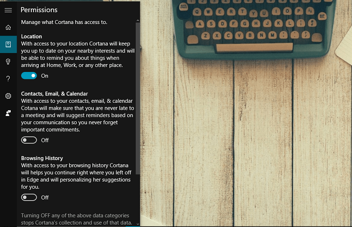 Параметры разрешений Cortana в Windows 10