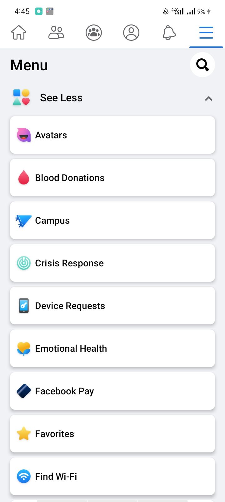 Опция «Аватары» в разделе «Ещё» меню Facebook